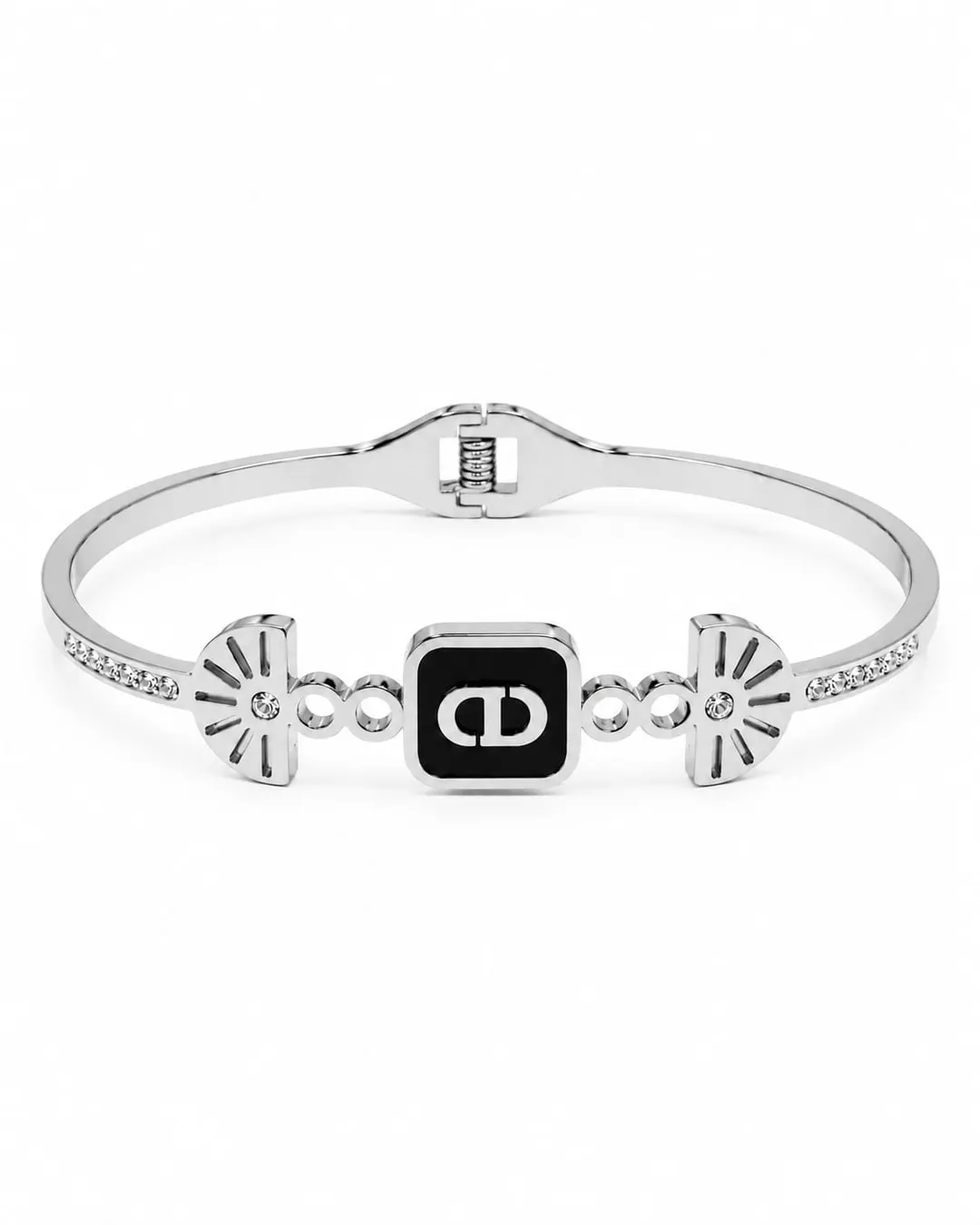 CHRISTIAN DIOR HINGED BRACELET WITH BLACK ENAMEL SQUARE CENTER PLATE SHOWCASING THE ICONIC "CD"SIGNARURE.