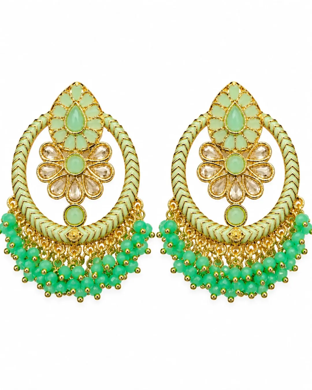 MINT GREEN KUNDAN CHANDBALI EARRINGS
