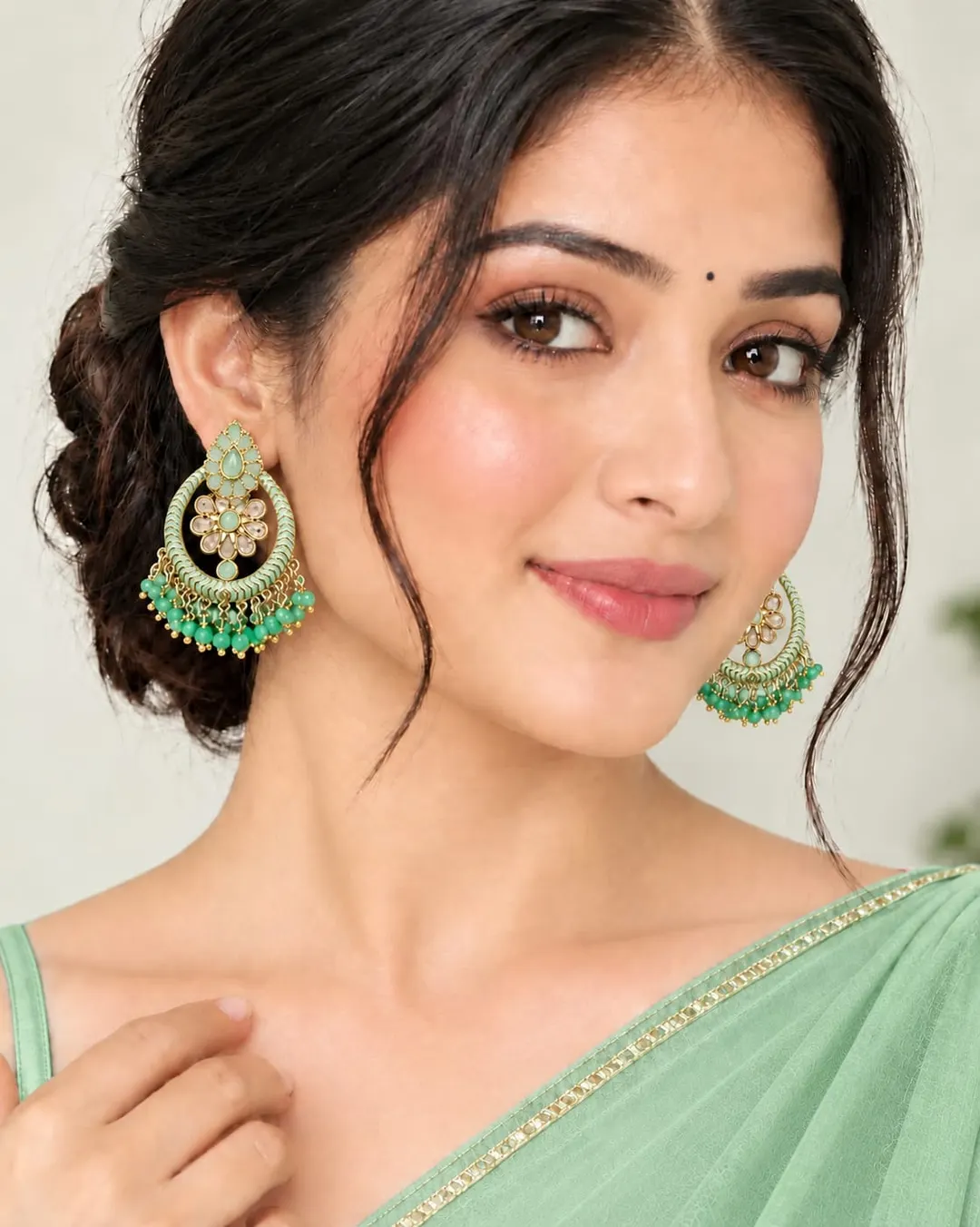 MINT GREEN KUNDAN CHANDBALI EARRINGS