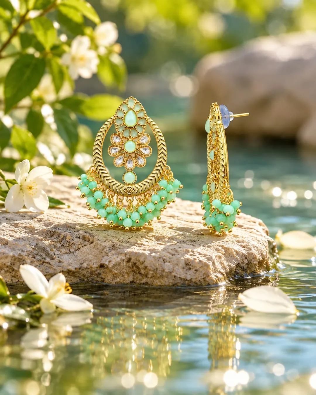 MINT GREEN KUNDAN CHANDBALI EARRINGS