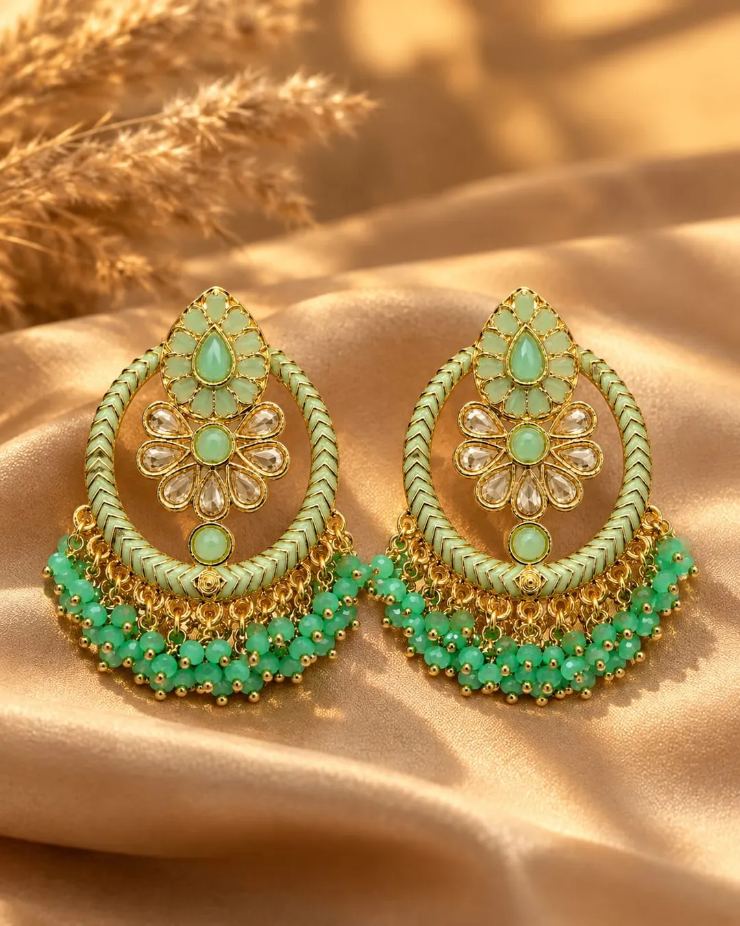 MINT GREEN KUNDAN CHANDBALI EARRINGS