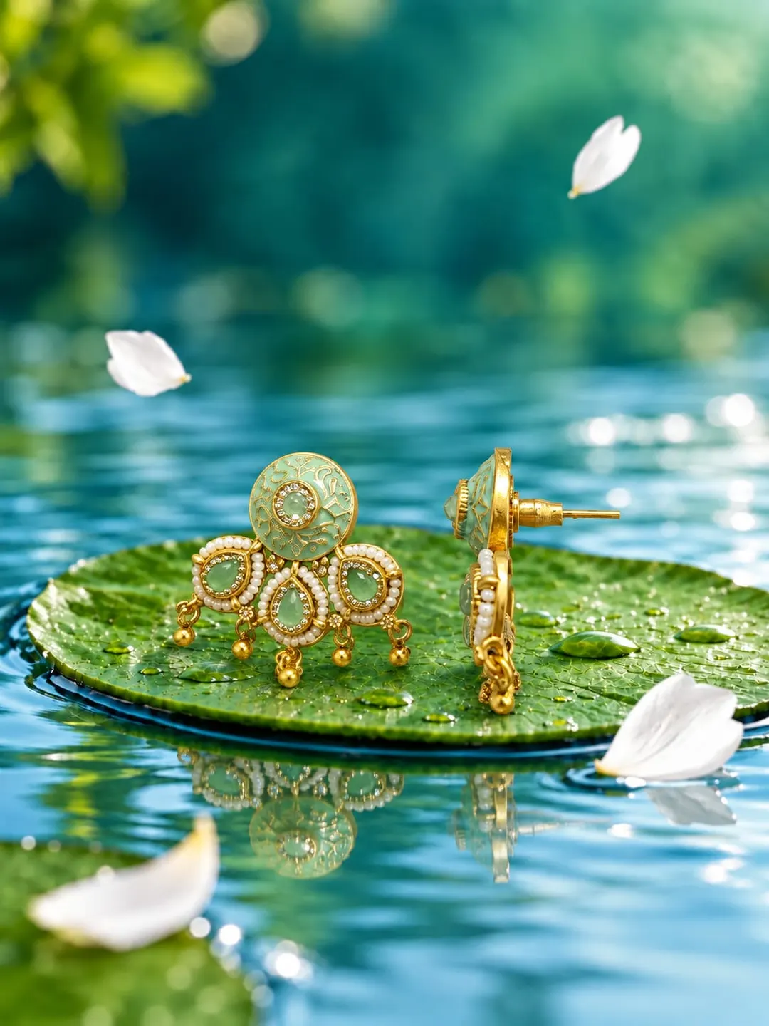 MINT GREEN KUNDAN PEARL STATEMENT EARRINGS
