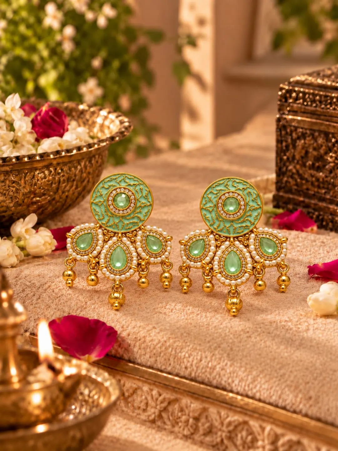 MINT GREEN KUNDAN PEARL STATEMENT EARRINGS