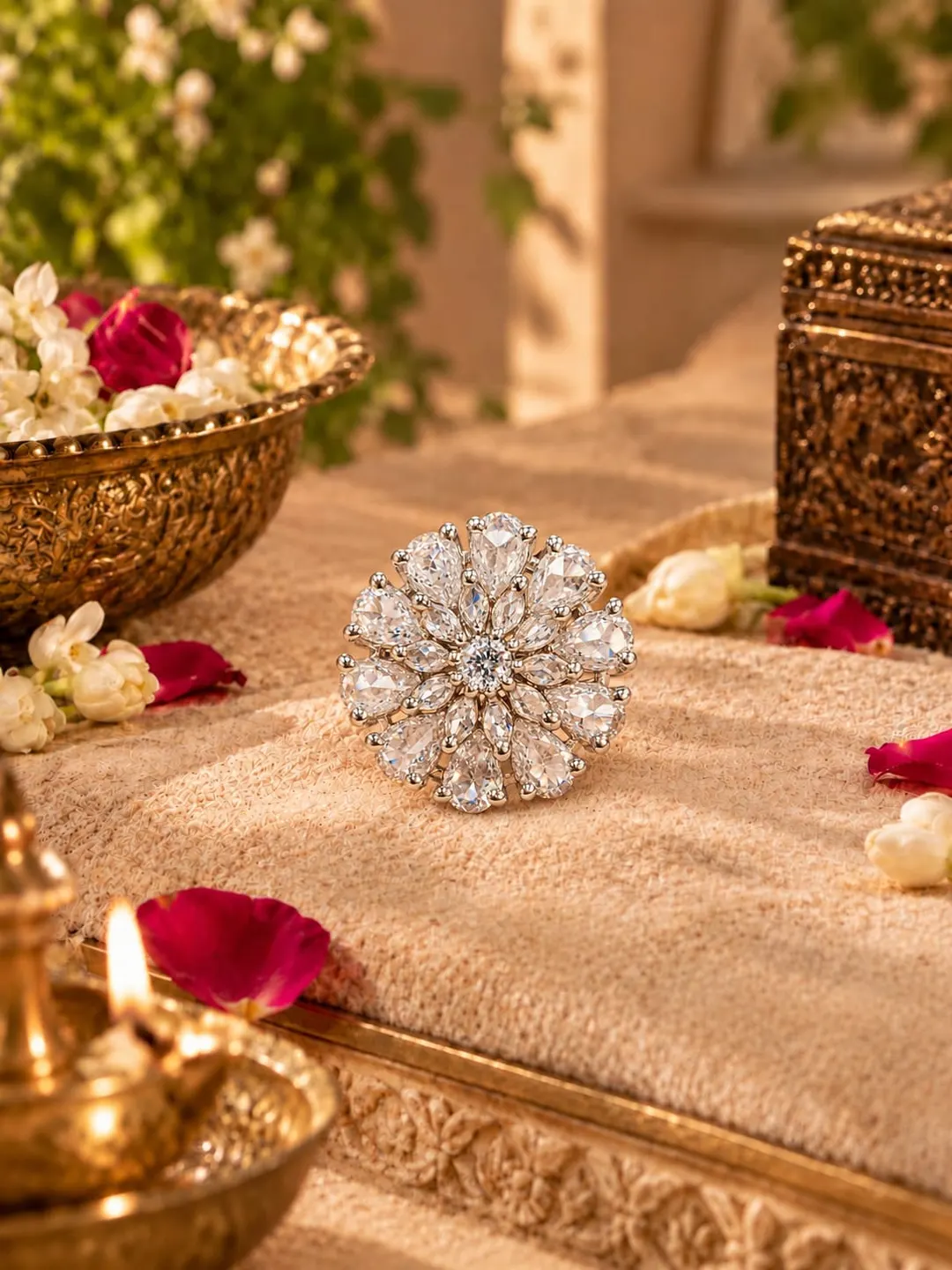 CRYSTAL BLOOM FLORAL RING.