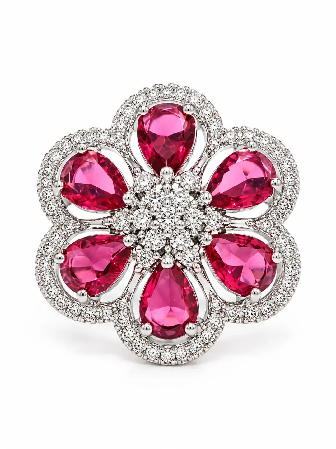 PINK FLORAL GEMSTONE STATEMENT RING.