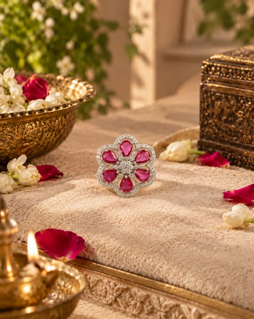 PINK FLORAL GEMSTONE STATEMENT RING.