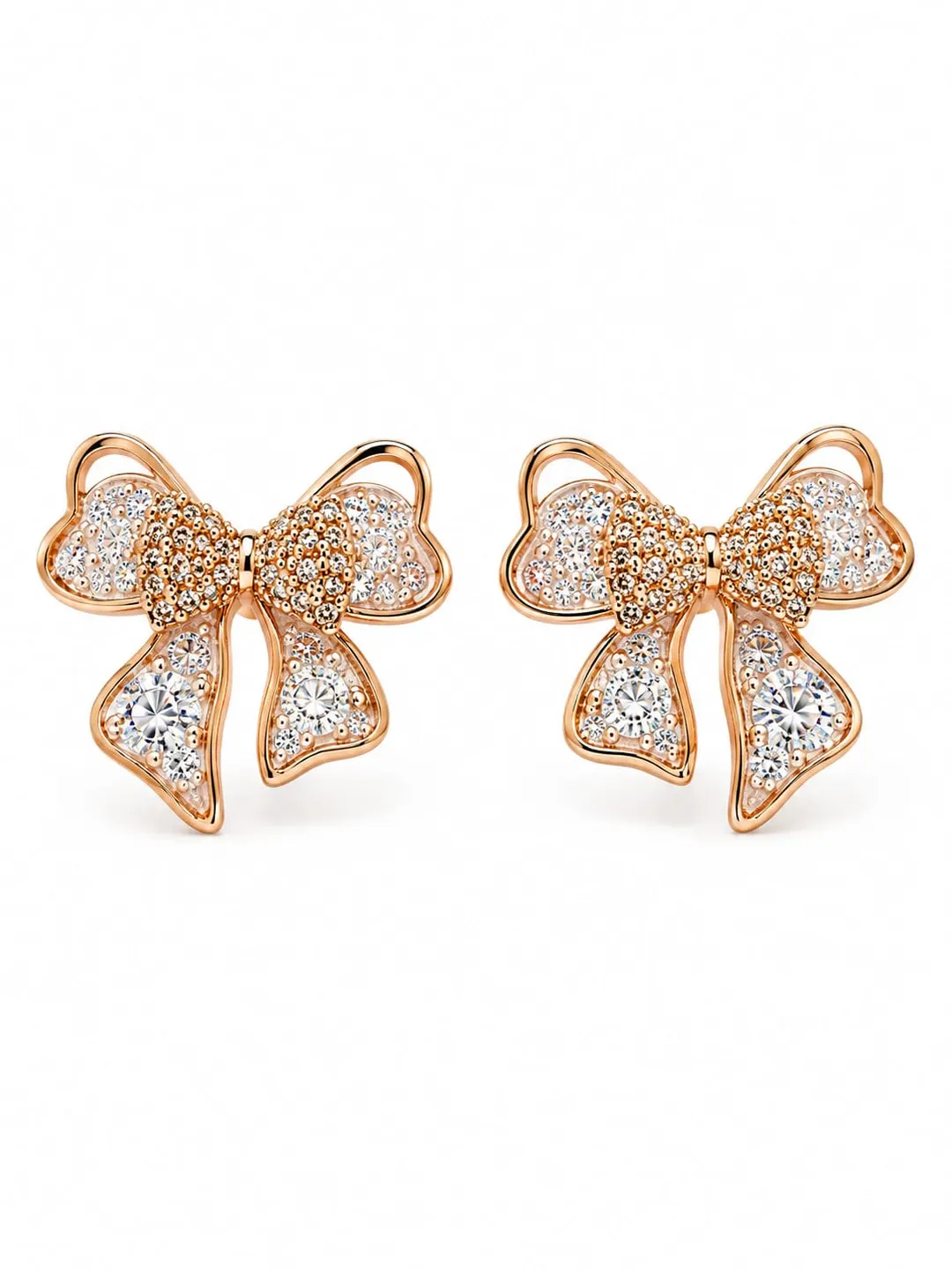 ROSE GOLD CRYSTAL BOW EARRINGS.
