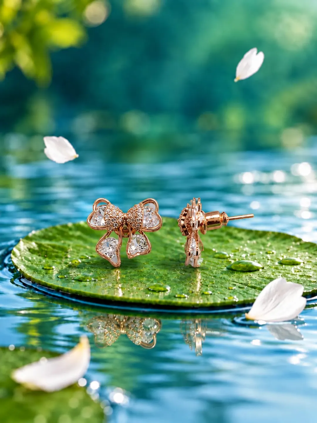 ROSE GOLD CRYSTAL BOW EARRINGS.