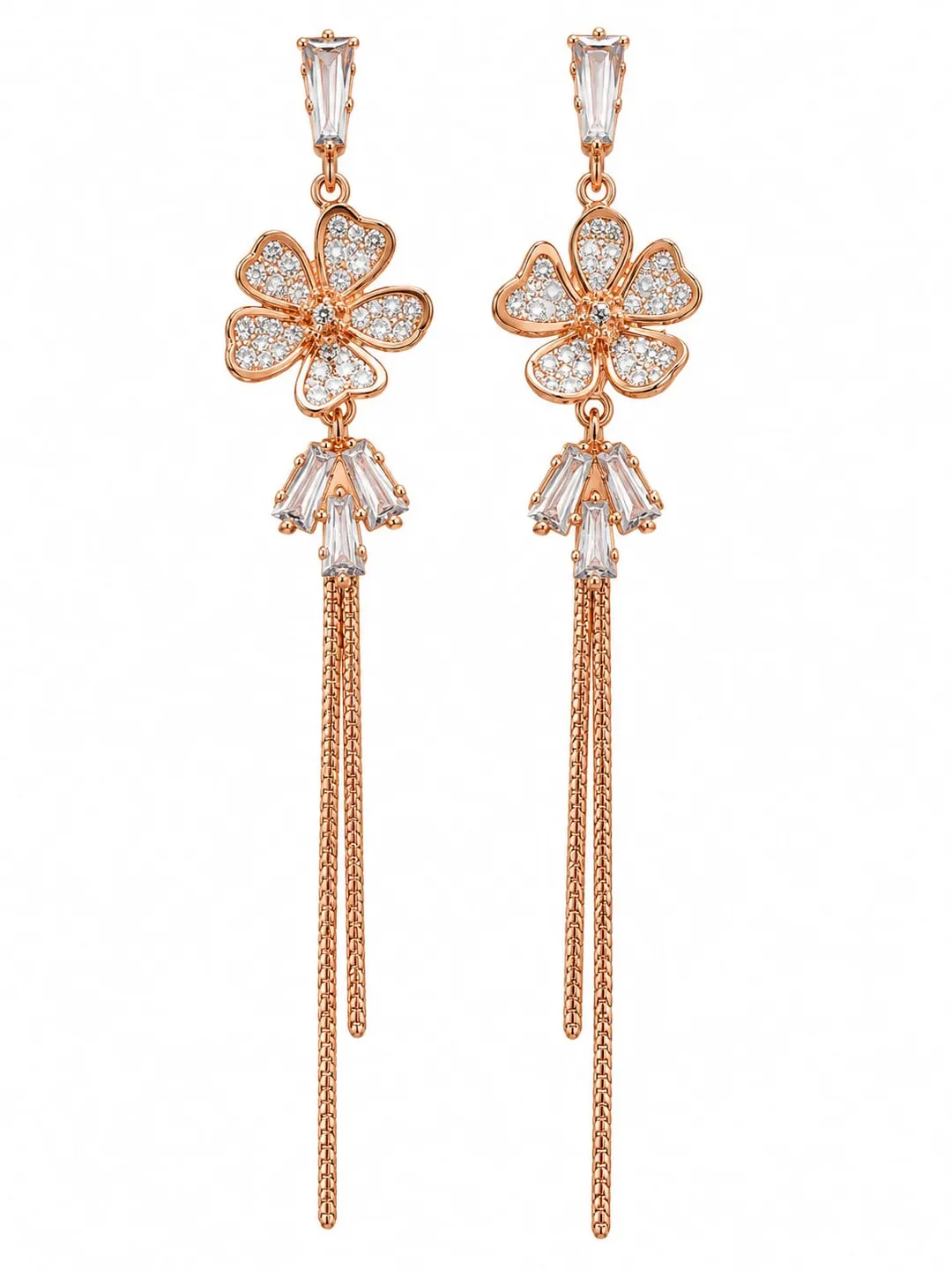 ROSE GOLD FLORAL CRYSTAL LONG DROP EARRINGS.