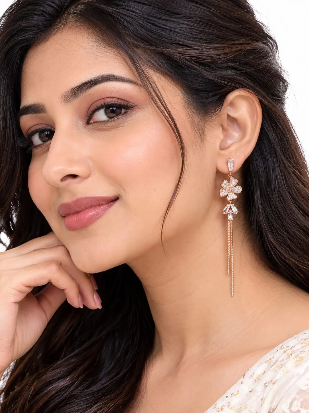 ROSE GOLD FLORAL CRYSTAL LONG DROP EARRINGS.