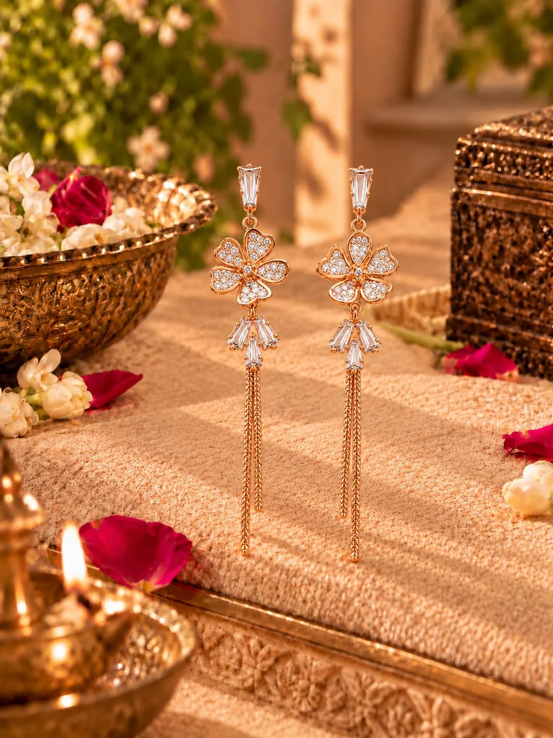 ROSE GOLD FLORAL CRYSTAL LONG DROP EARRINGS.