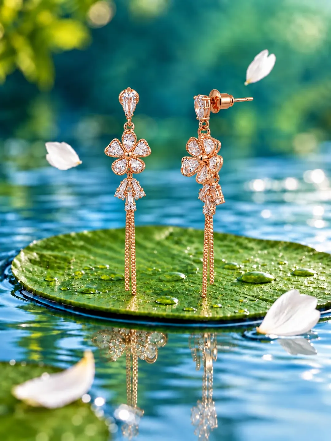 ROSE GOLD FLORAL CRYSTAL LONG DROP EARRINGS.