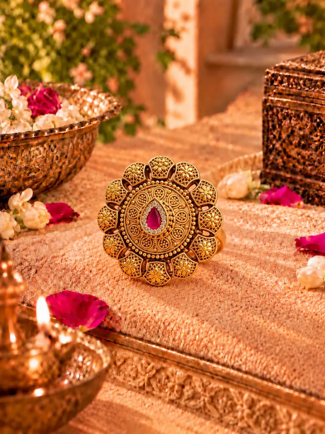 ANTIQUE RUBY KUNDAN BLOOM RING