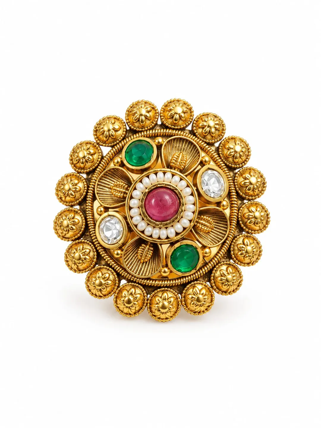 RAJWADA FLORAL KUNDAN MEDALLION RING