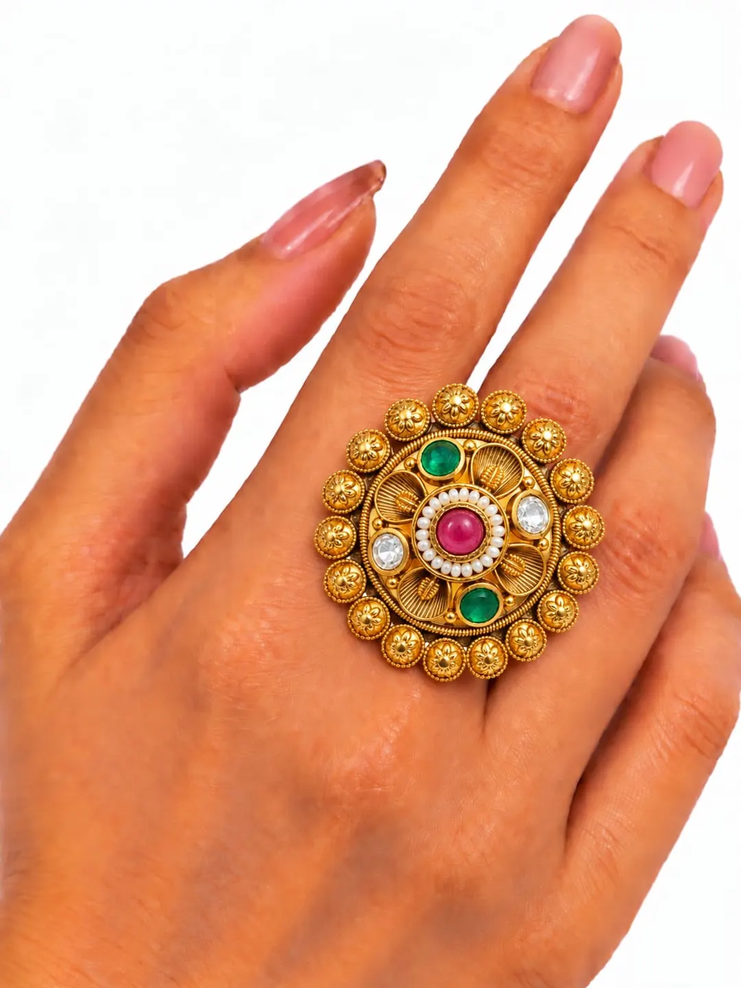 RAJWADA FLORAL KUNDAN MEDALLION RING