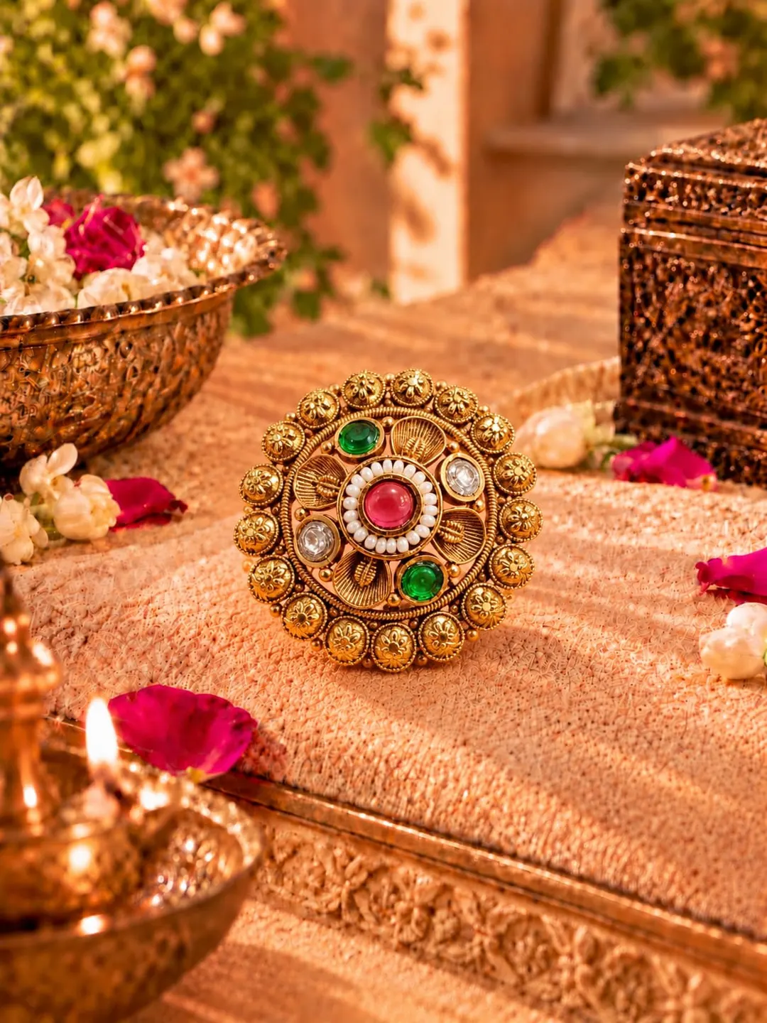 RAJWADA FLORAL KUNDAN MEDALLION RING