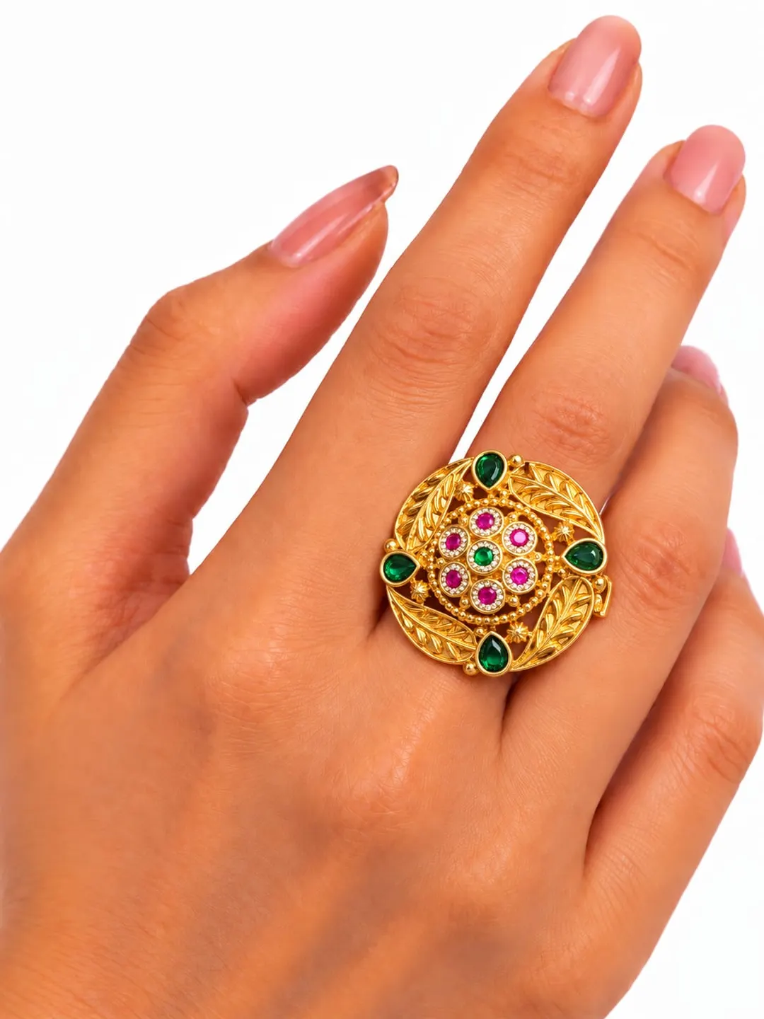 ROYAL EMERALD & RUBY FLORAL BROOCH RING