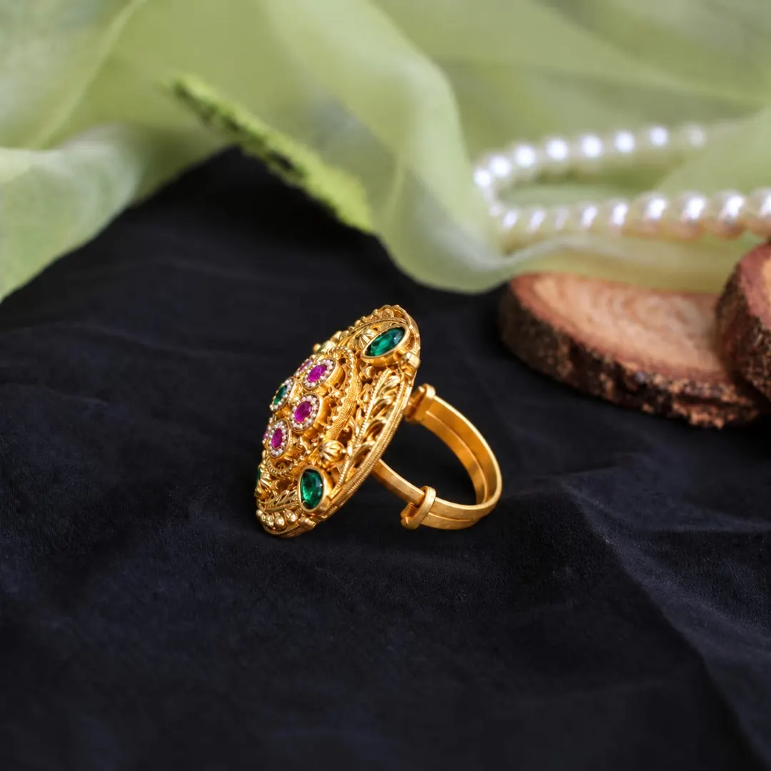 ROYAL EMERALD & RUBY FLORAL BROOCH RING