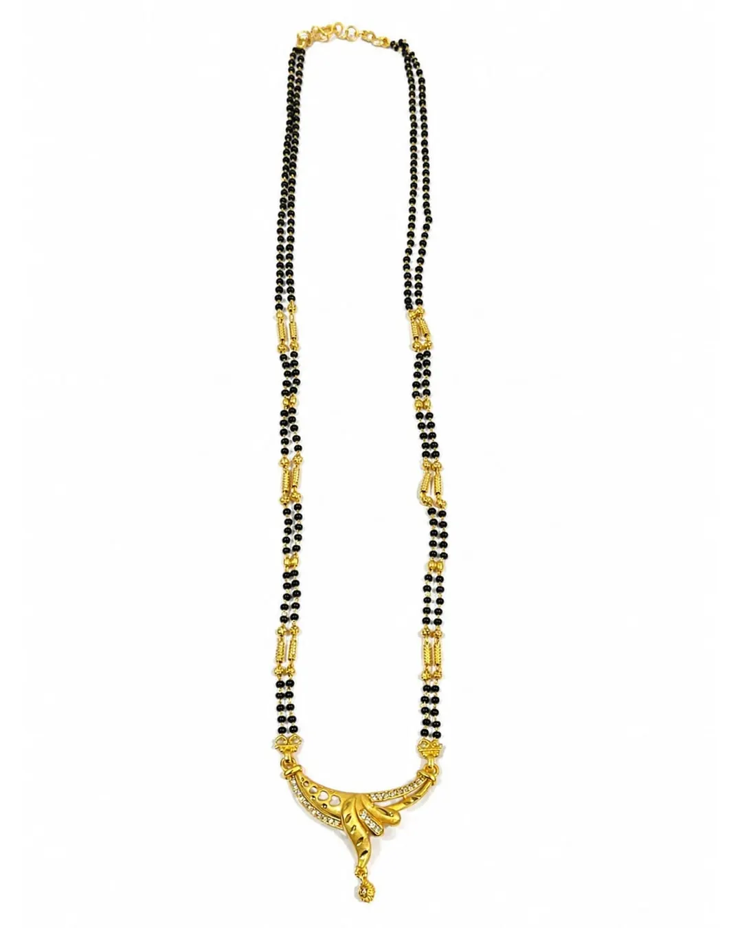 TRADITIONAL GOLD-PLATED DOUBLE-LINE BLACK BEADS MANGALSUTRA WITH DESIGNER PENDANT