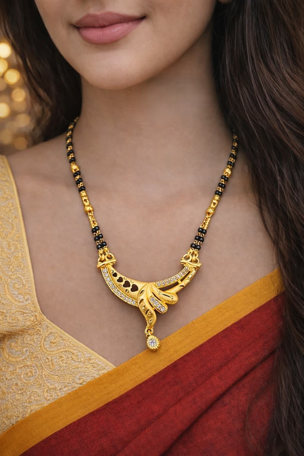 TRADITIONAL GOLD-PLATED DOUBLE-LINE BLACK BEADS MANGALSUTRA WITH DESIGNER PENDANT