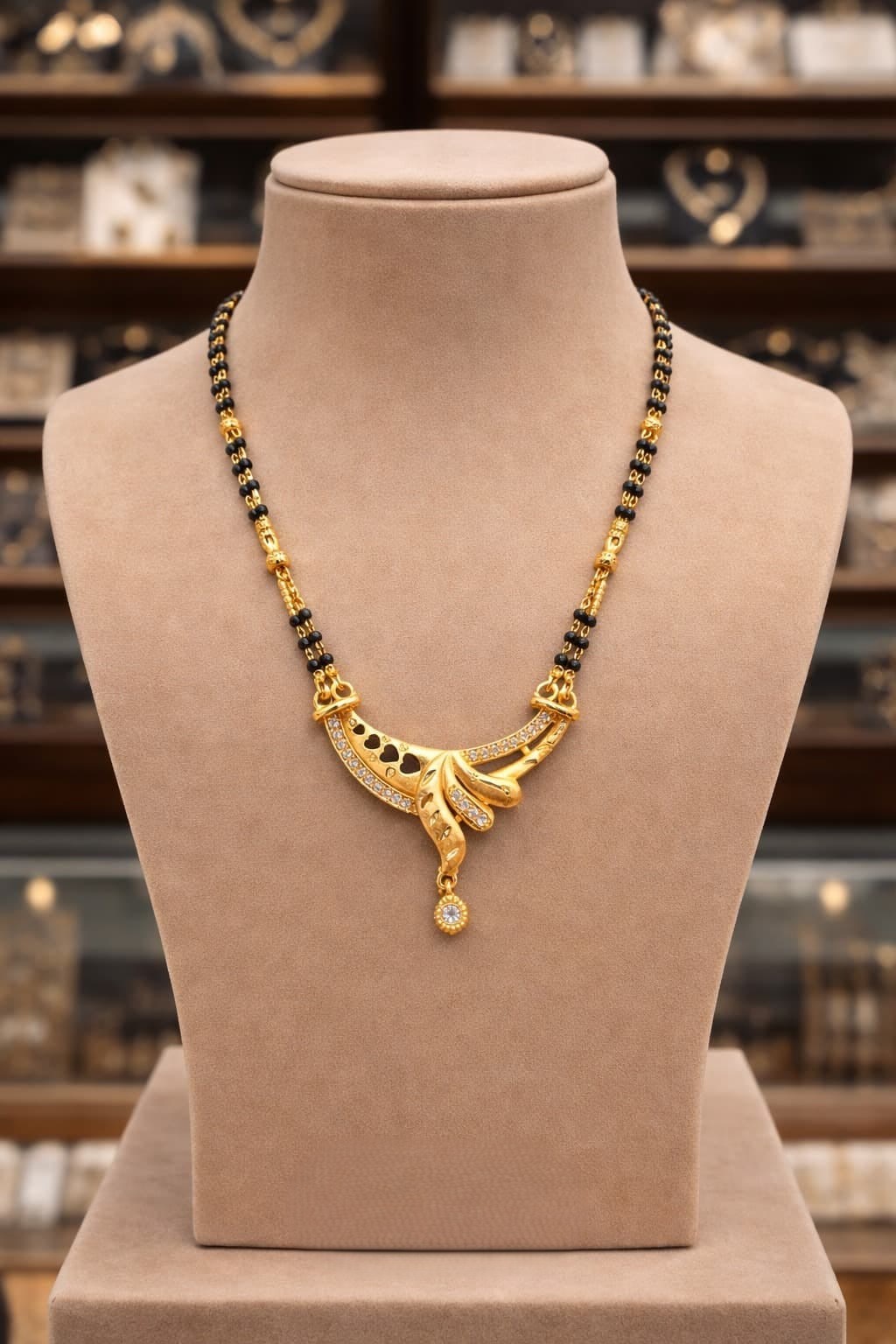 TRADITIONAL GOLD-PLATED DOUBLE-LINE BLACK BEADS MANGALSUTRA WITH DESIGNER PENDANT