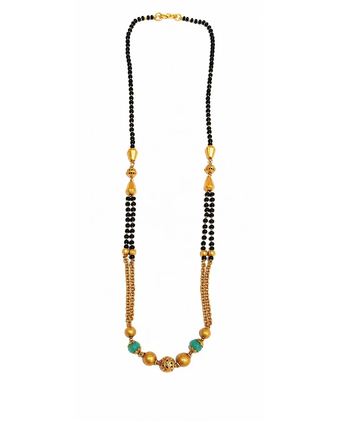 TRADITIONAL GOLD-TONE BLACK BEADED MANGALSUTRA WITH GREEN BEAD ACCENTS