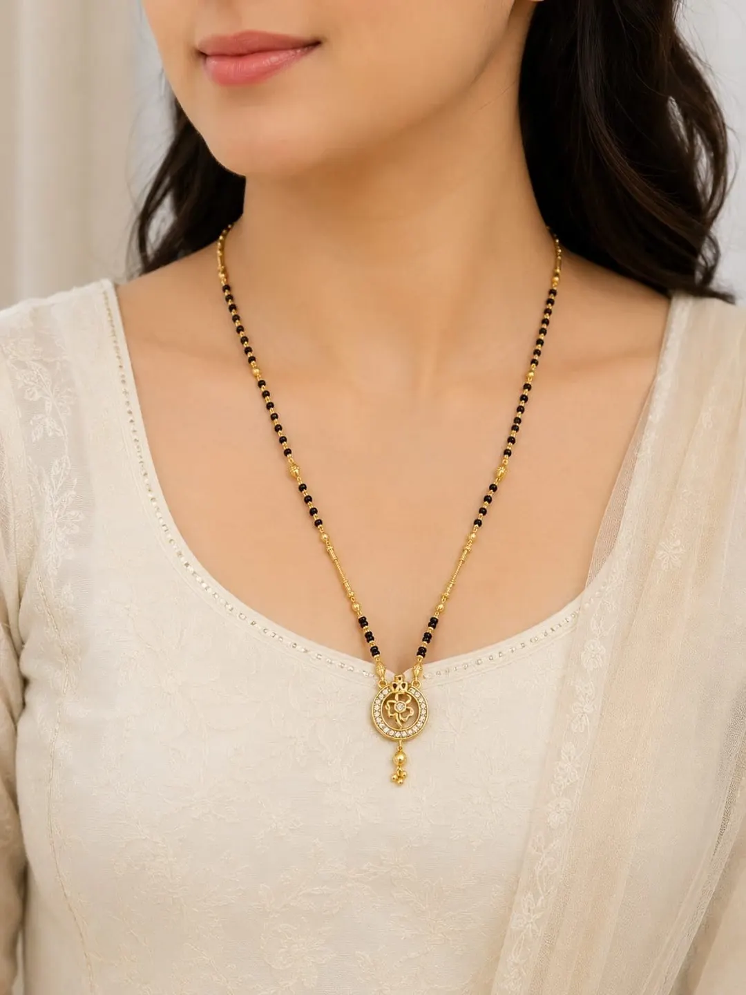 ELEGANT GOLD-TONE BLACK BEADED MANGALSUTRA