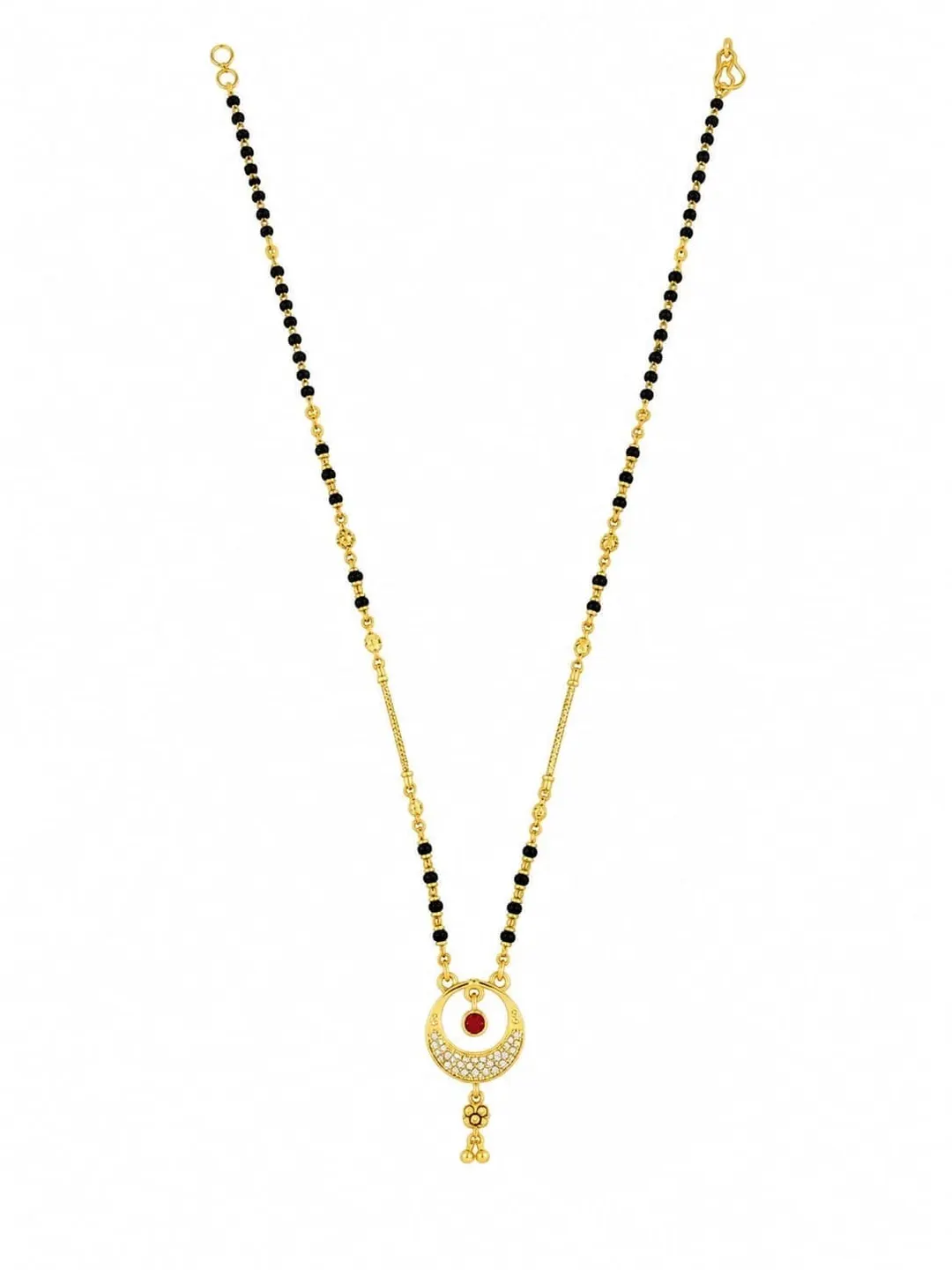 ELEGANT GOLD-TONED BLACK BEADED MANGALSUTRA WITH RED STONE ROUND PENDANT
