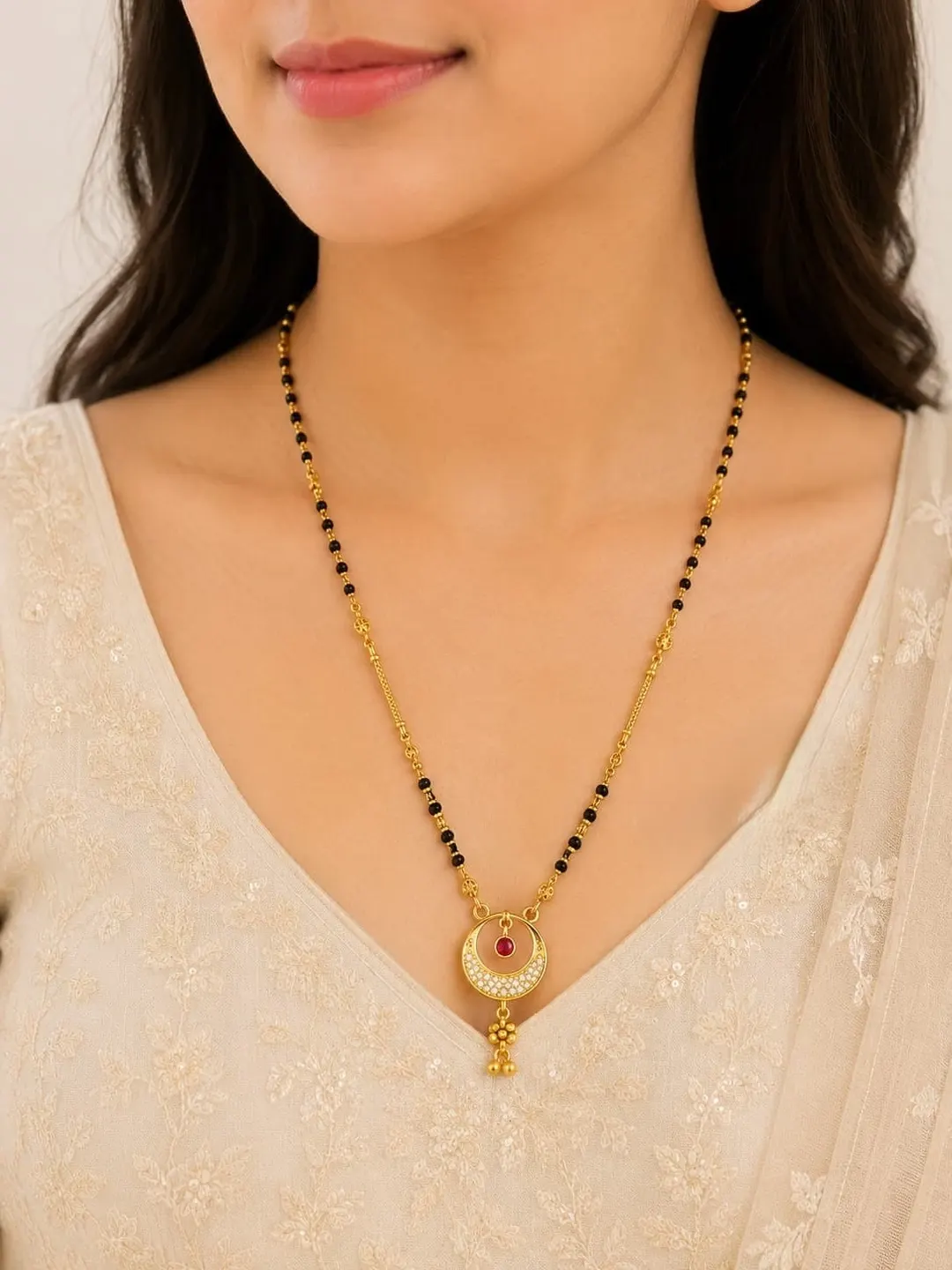 ELEGANT GOLD-TONED BLACK BEADED MANGALSUTRA WITH RED STONE ROUND PENDANT
