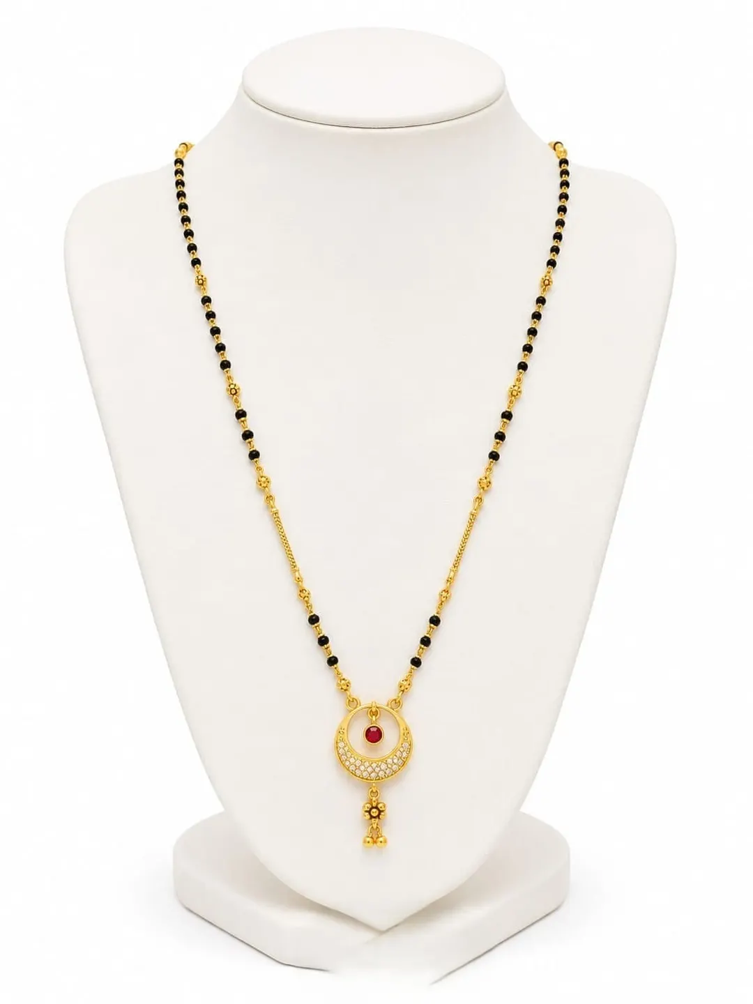 ELEGANT GOLD-TONED BLACK BEADED MANGALSUTRA WITH RED STONE ROUND PENDANT