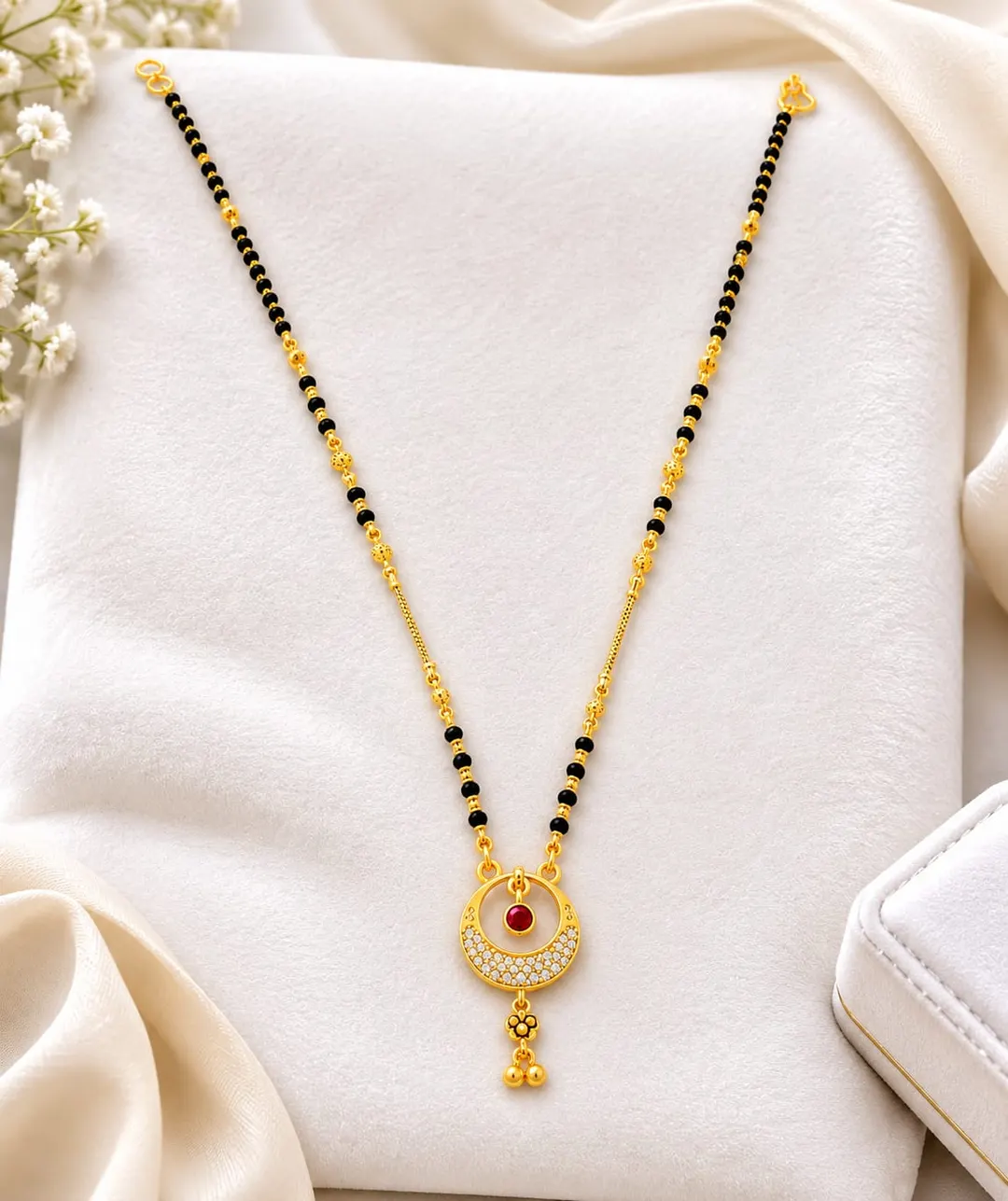 ELEGANT GOLD-TONED BLACK BEADED MANGALSUTRA WITH RED STONE ROUND PENDANT