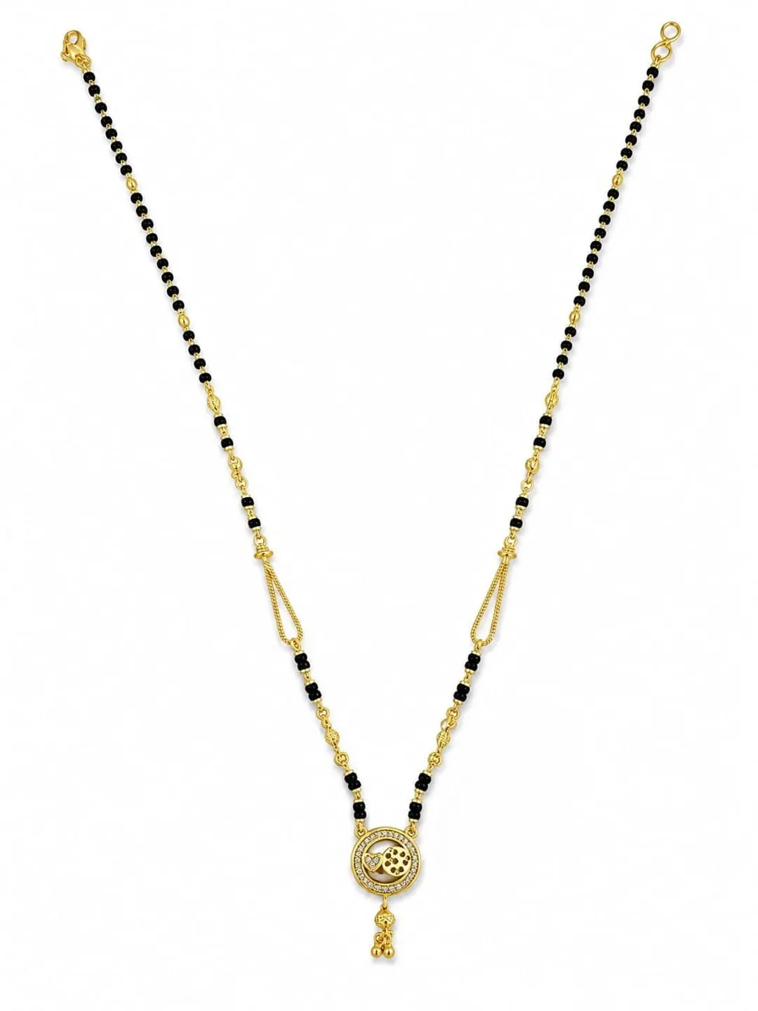 ELEGANT GOLD-TONED BLACK BEADED MANGALSUTRA NECKLACE ITH FLORAL ROUND PENDANT