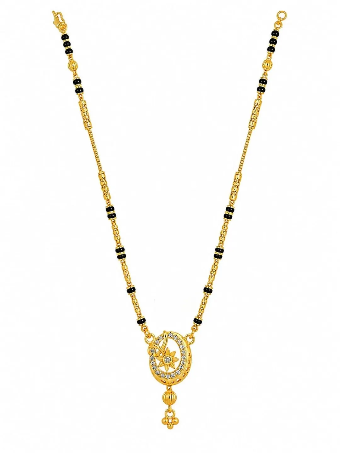 ELEGANT GOLD-TONED BLACK BEADED MANGALSUTRA NECKLACE WITH OVAL FLORAL PENDANT AND DANGLING CHARM