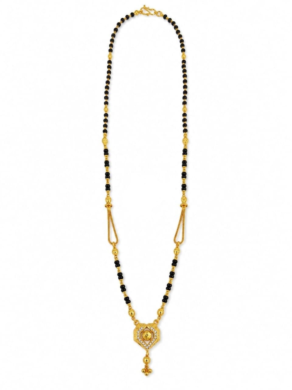 ELEGANT GOLD-TONED BLACK BEADED MANGALSUTRA NECKLACE WITH HEART-SHAPED PENDANT AND DANGLING CHARM