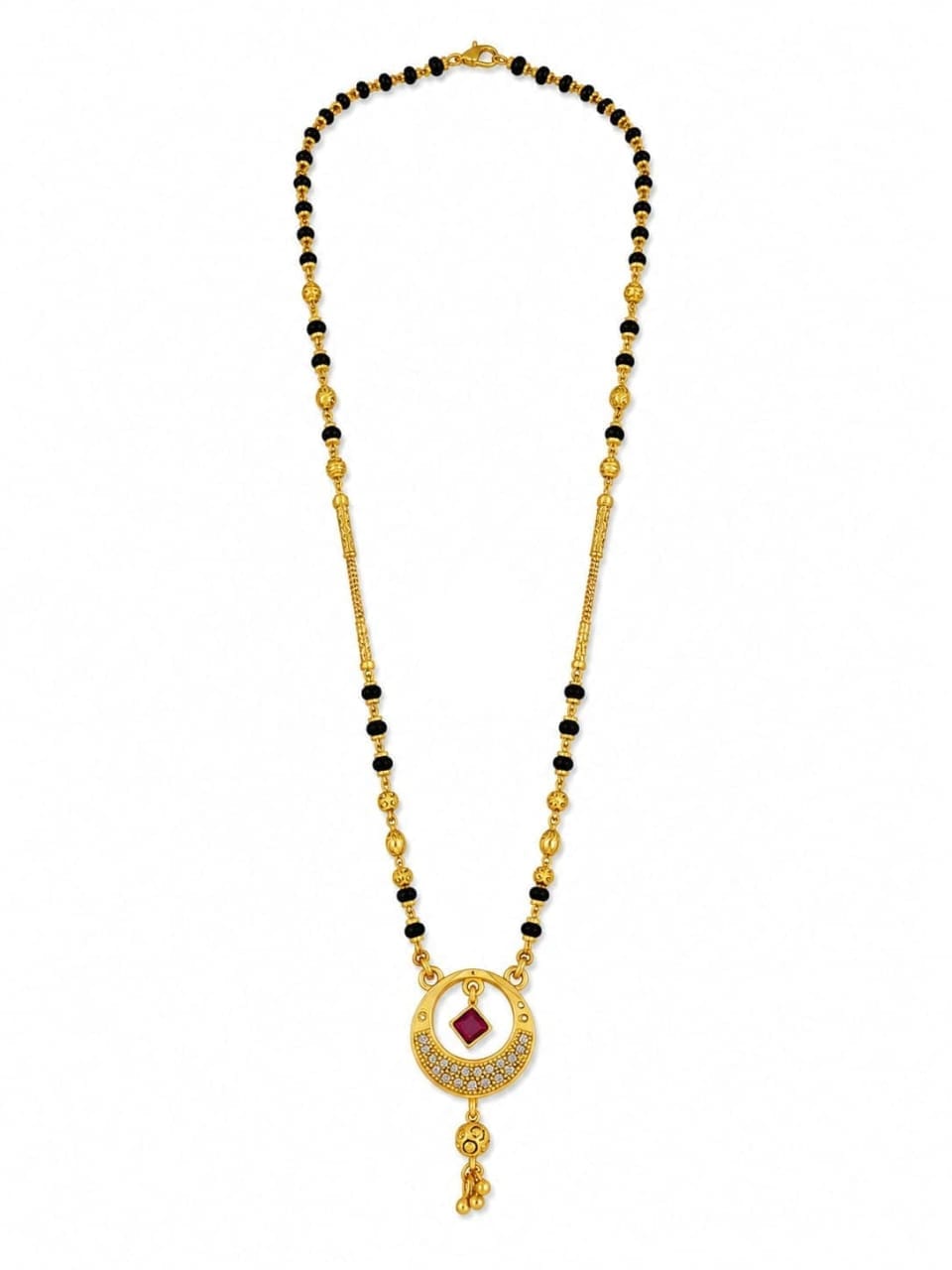 ELEGANT GOLD-TONE BLACK BEADED MANGALSUTRA WITH RED STONE PENDANT