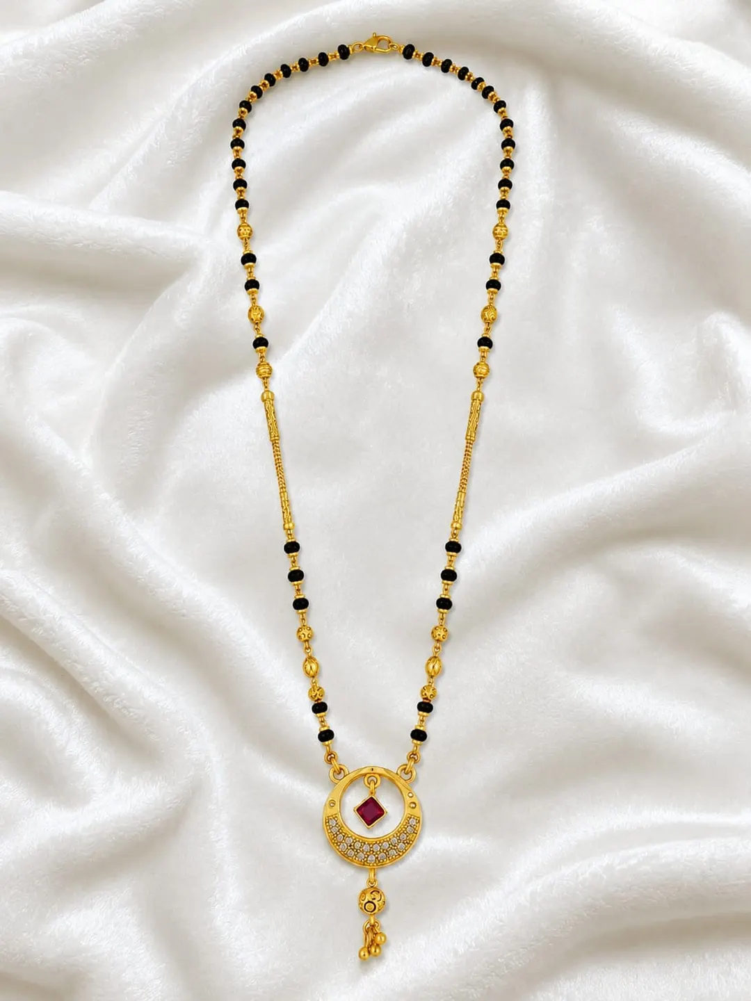 ELEGANT GOLD-TONE BLACK BEADED MANGALSUTRA WITH RED STONE PENDANT
