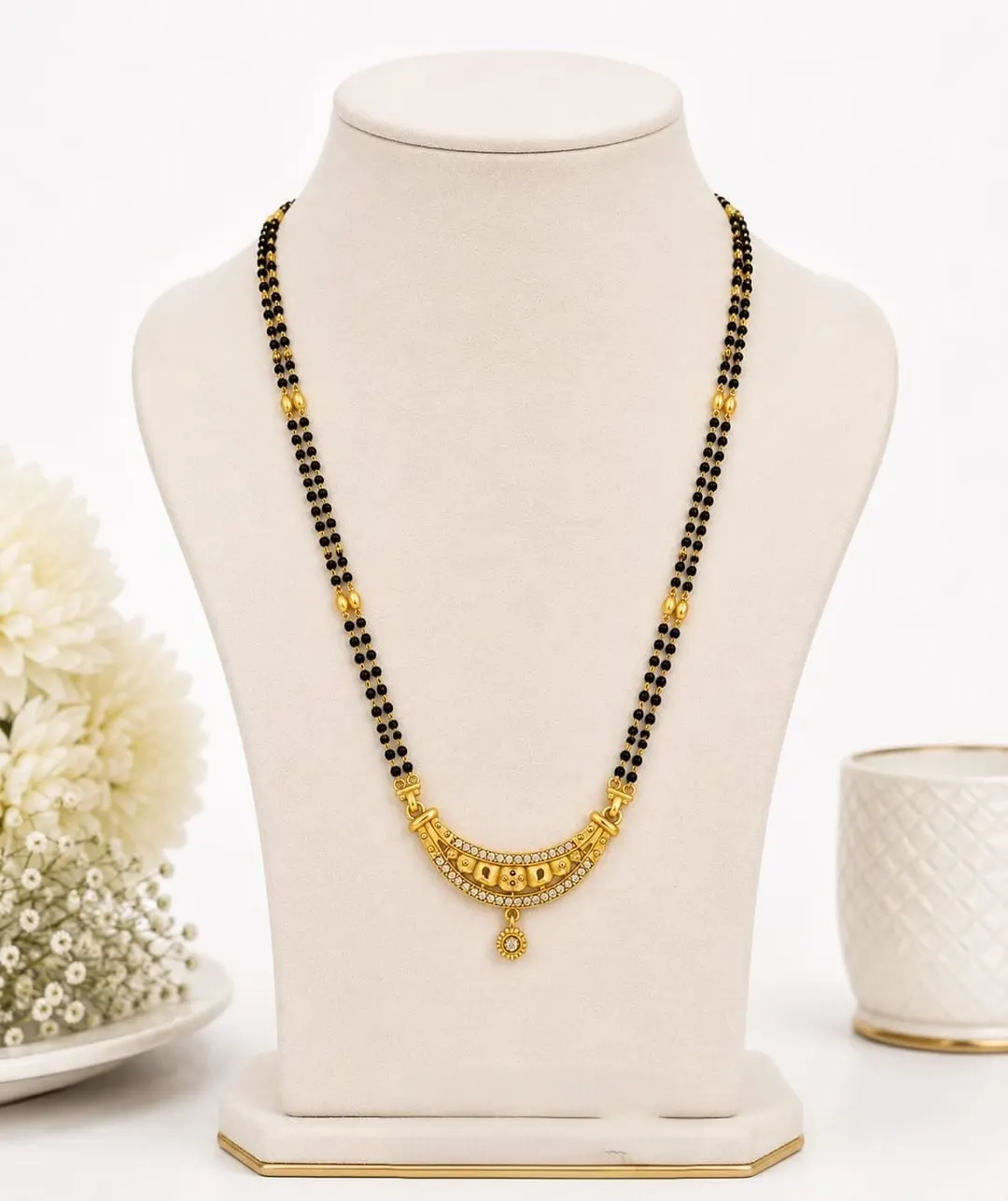 ELEGANT GOLD-TONE DOUBLE-LINE BLACK BEADED MANGALSUTRA WITH TRADITIONAL CRESCENT PENDANT