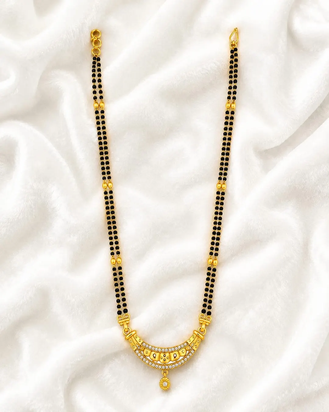 ELEGANT GOLD-TONE DOUBLE-LINE BLACK BEADED MANGALSUTRA WITH TRADITIONAL CRESCENT PENDANT