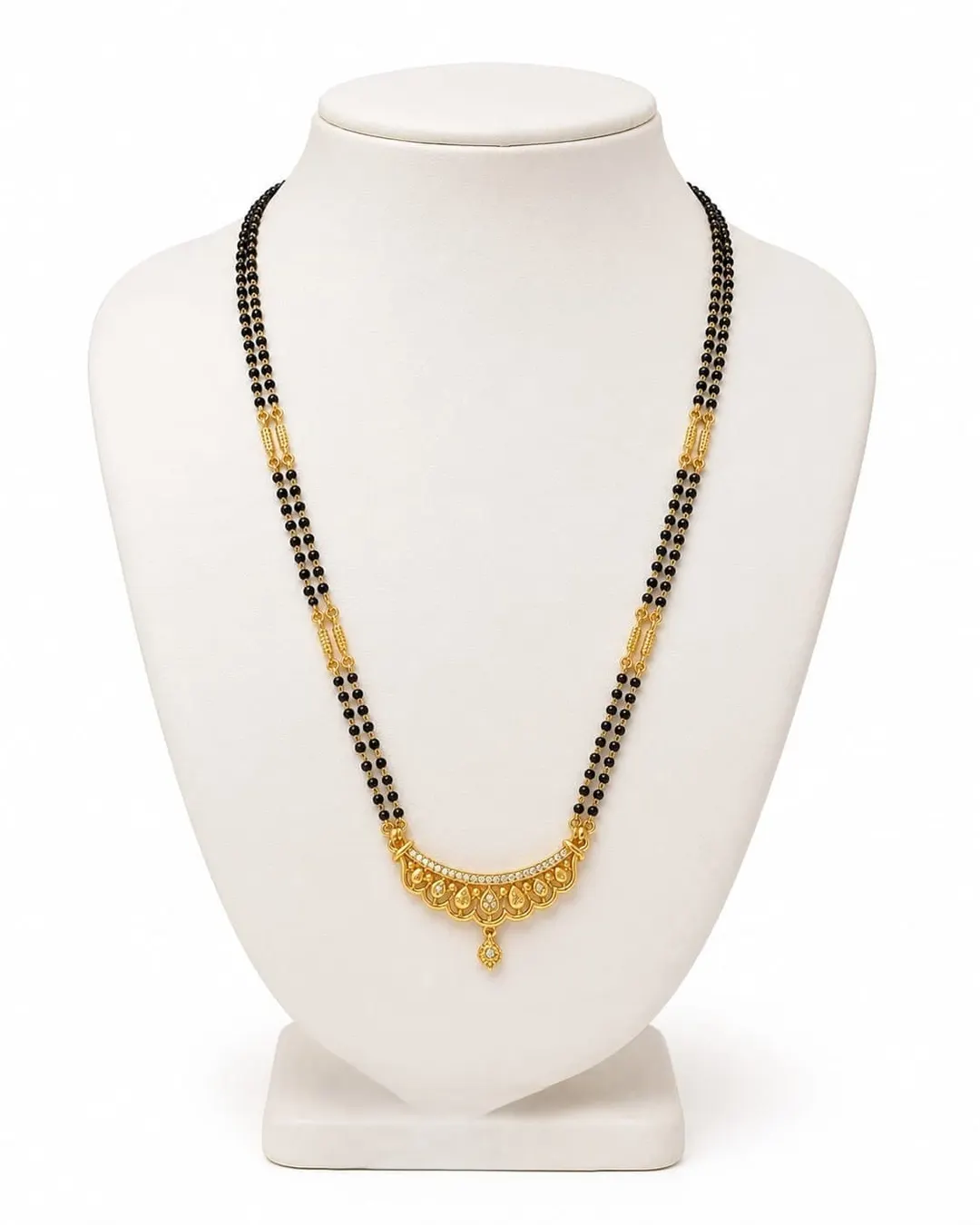ELEGANT GOLD-TONE DOUBLE-LINE BLACK BEADED MANGALSUTRA WITH DESIGNER FLORAL PENDANT