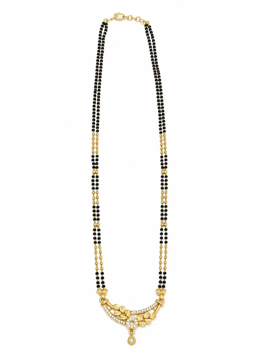 ELEGANT GOLD-TONE DOUBLE-LINE BLACK BEADED MANGALSUTRA WITH TRADITIONAL FLORAL DROP PENDANT