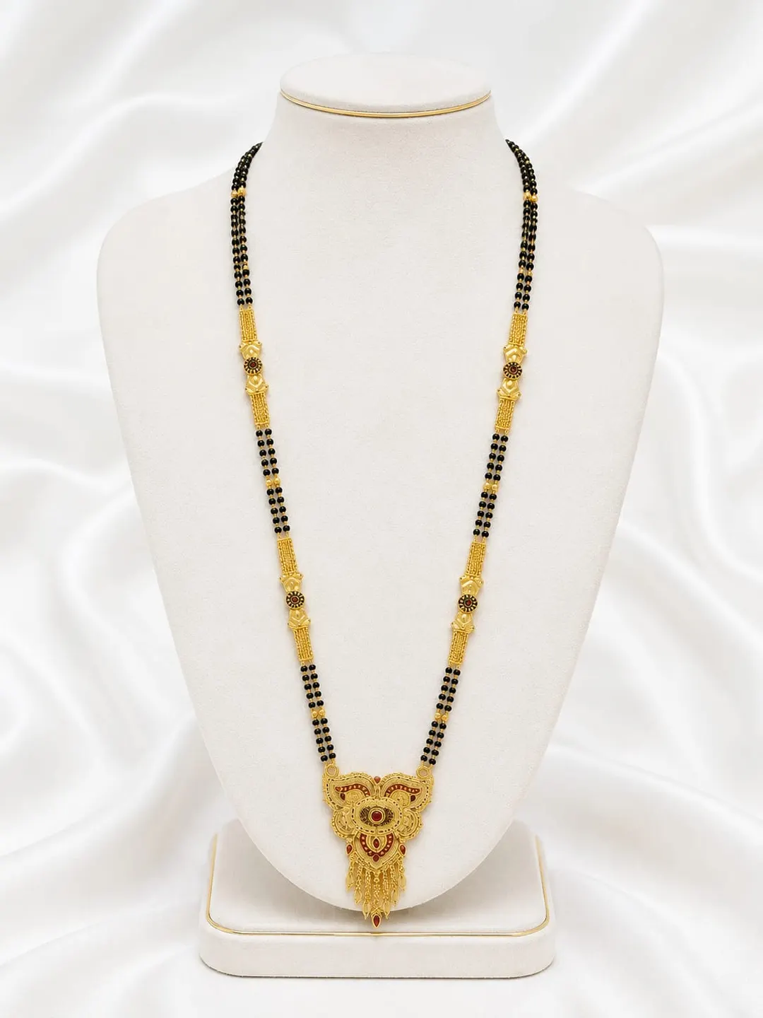 TRADITIONAL GOLD-PLATED DOUBLE-LINE BLACK BEAD MANGALSUTRA ITH DESIGNER PENDANT