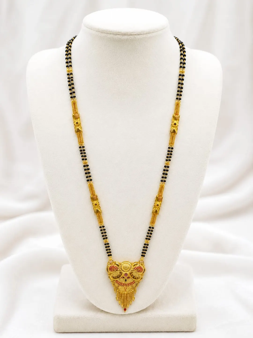 TRADITIONAL GOLD-PLATED DOUBLE-LINE BLACK BEAD MANGALSUTRA WITH ORNATE PENDANT