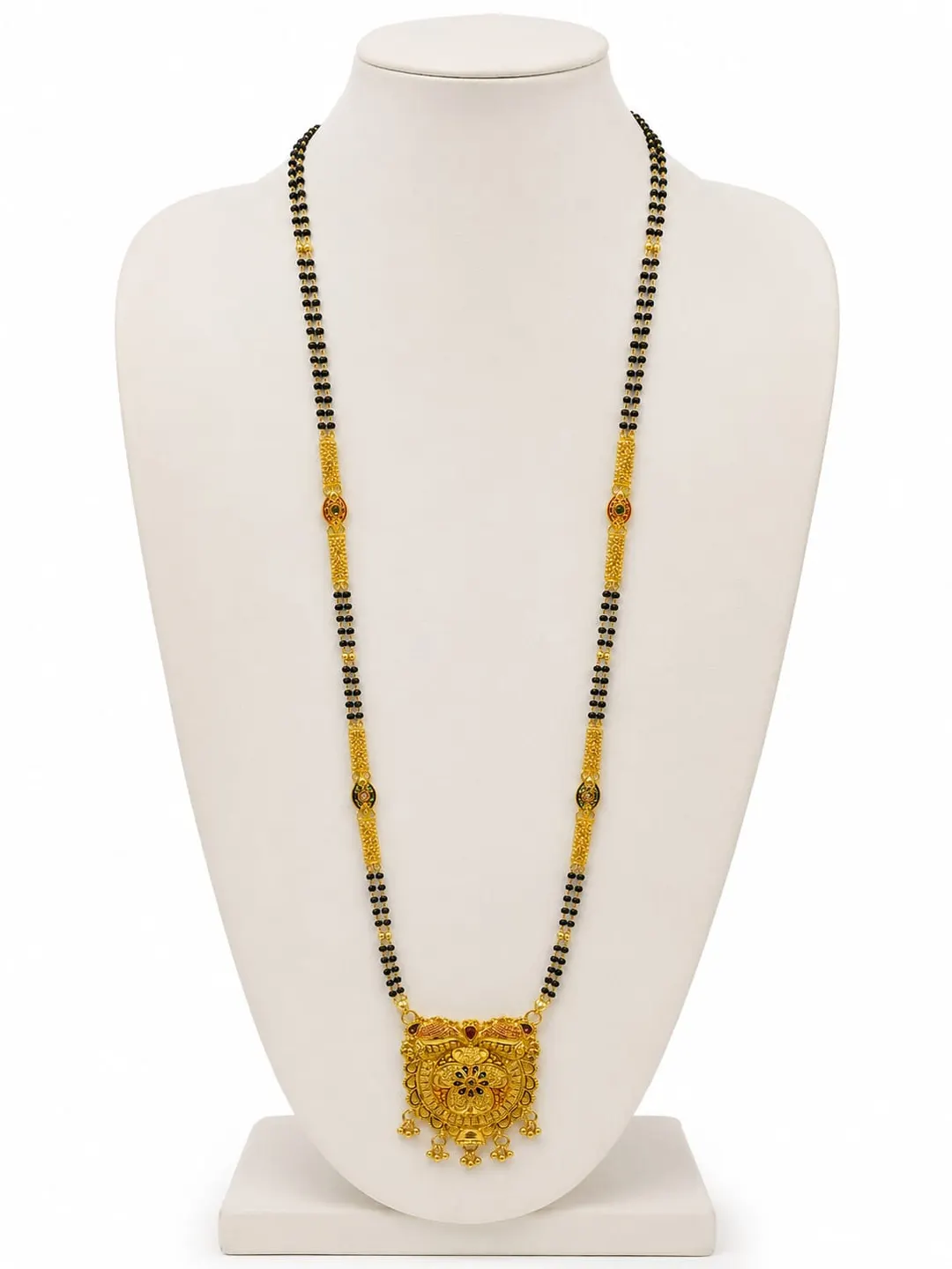 TRADITIONAL GOLD-PLATED DOUBLE-LINE BLACK BEAD MANGALSUTRA WITH FLORAL PENDANT AND DANGLING CHARMS 