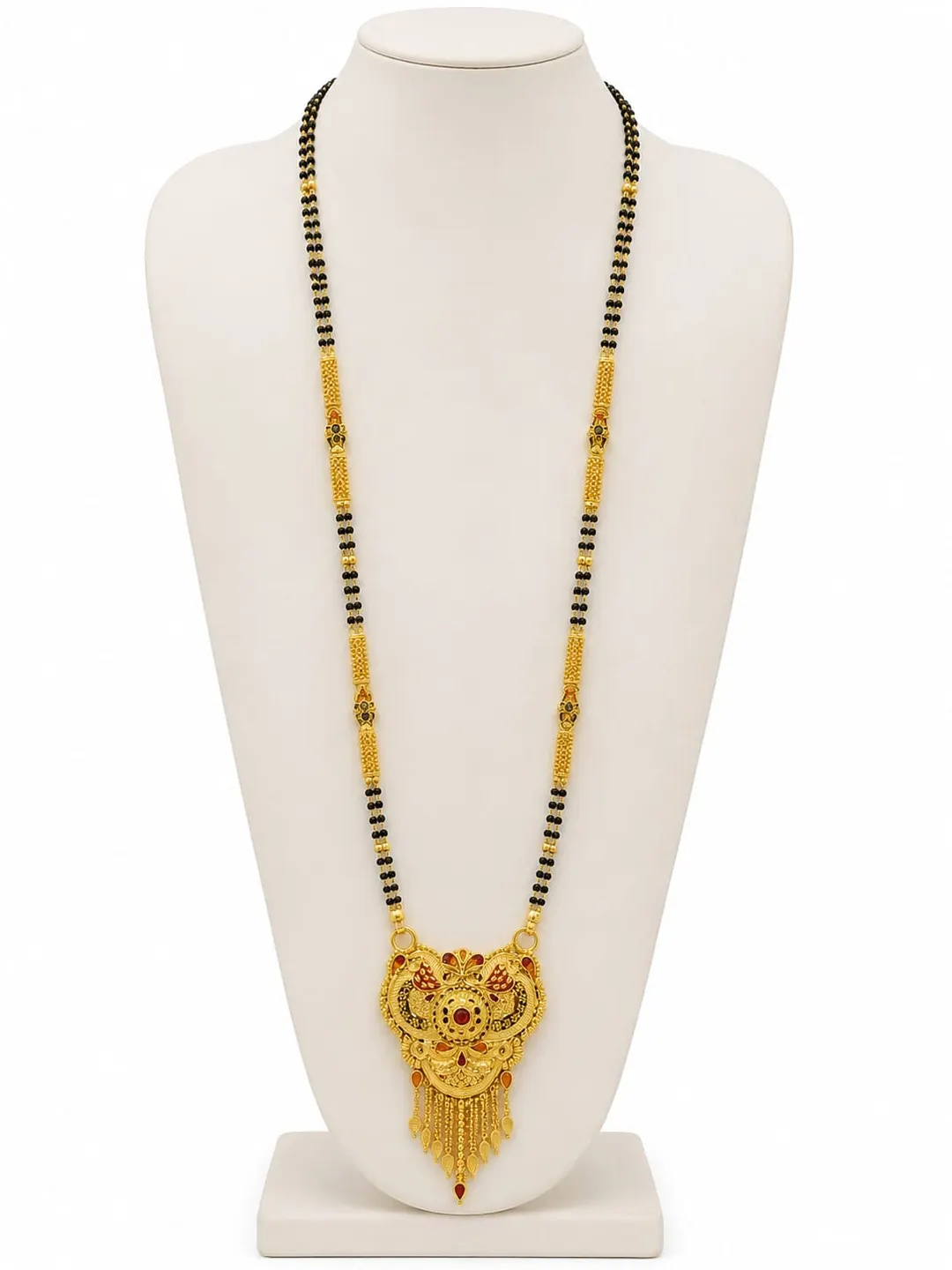 TRADITIONAL GOLD-PLATED DOUBLE-LINE BLACK BEAD MANGALSUTRA  WITH ROYAL DESIGNER PENDANT