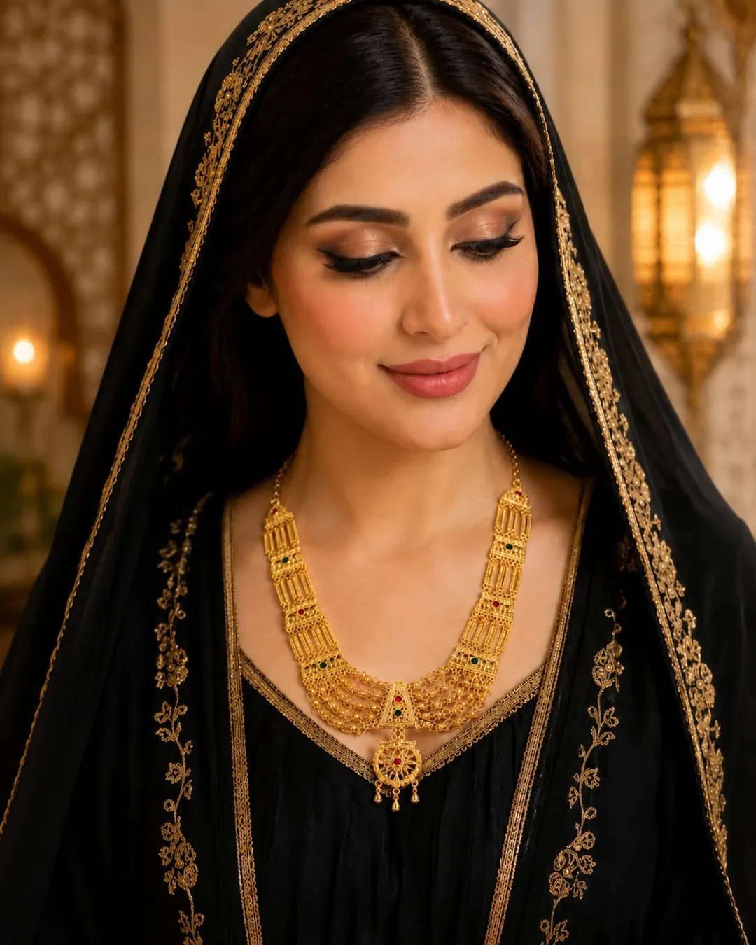 TRADITIONAL GOLD-PLATED MULTI-LAYER BRIDAL NECKLACE WITH RUBY & EMERALD STONE ACCENTS