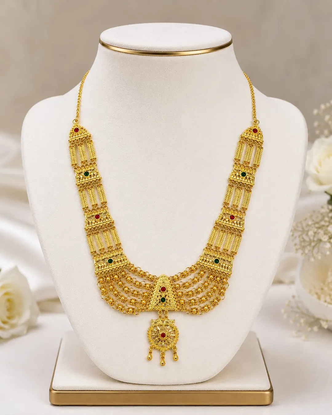 TRADITIONAL GOLD-PLATED MULTI-LAYER BRIDAL NECKLACE WITH RUBY & EMERALD STONE ACCENTS