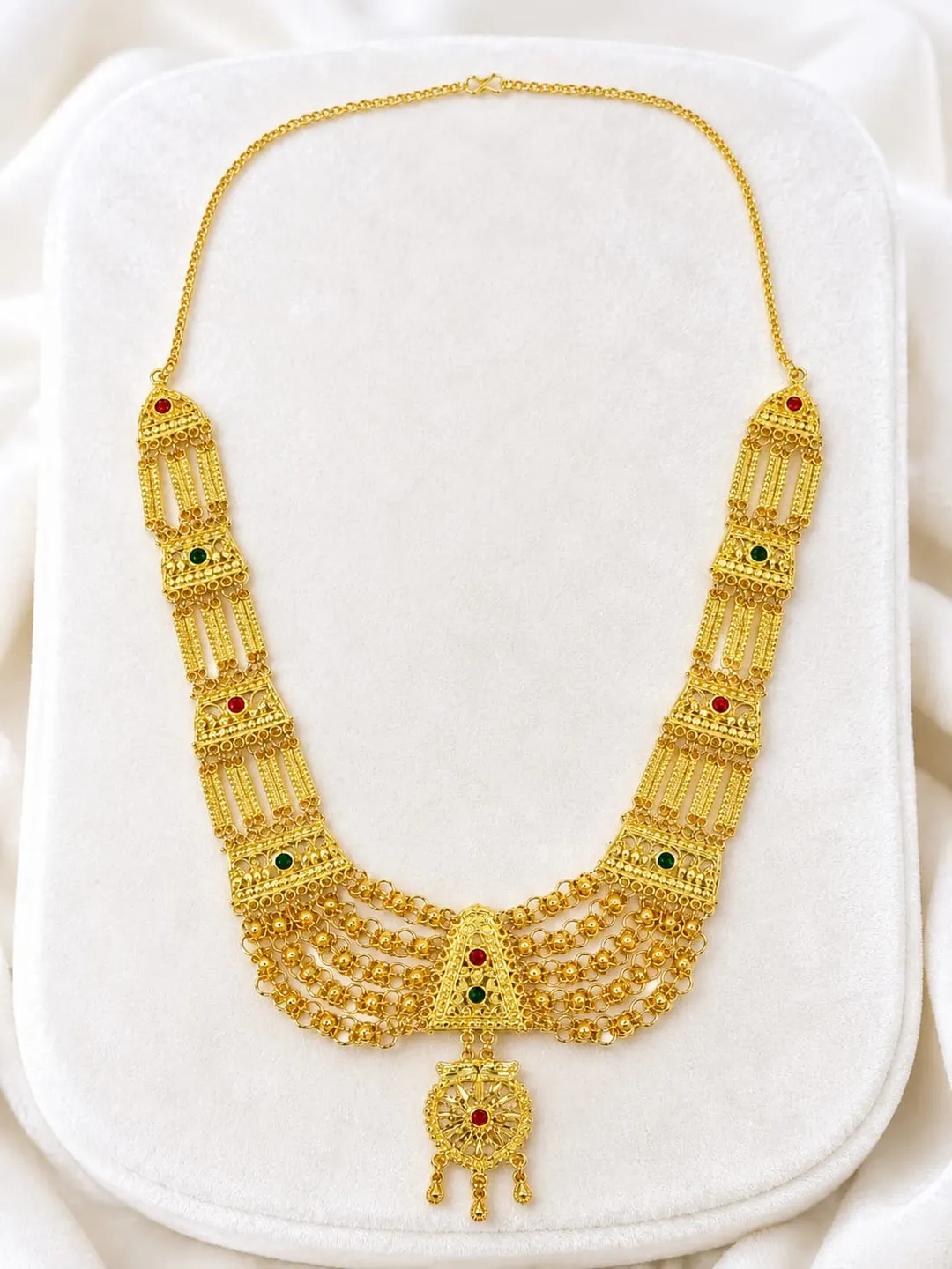 TRADITIONAL GOLD-PLATED MULTI-LAYER BRIDAL NECKLACE WITH RUBY & EMERALD STONE ACCENTS