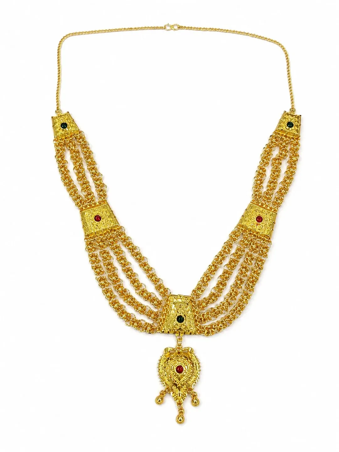 TRADITIONAL GOLD-TONE MULTI-LAYERED RANI HAAR NECKLACE WITH RED & GREEN STONE ACCENTS AND PENDANT