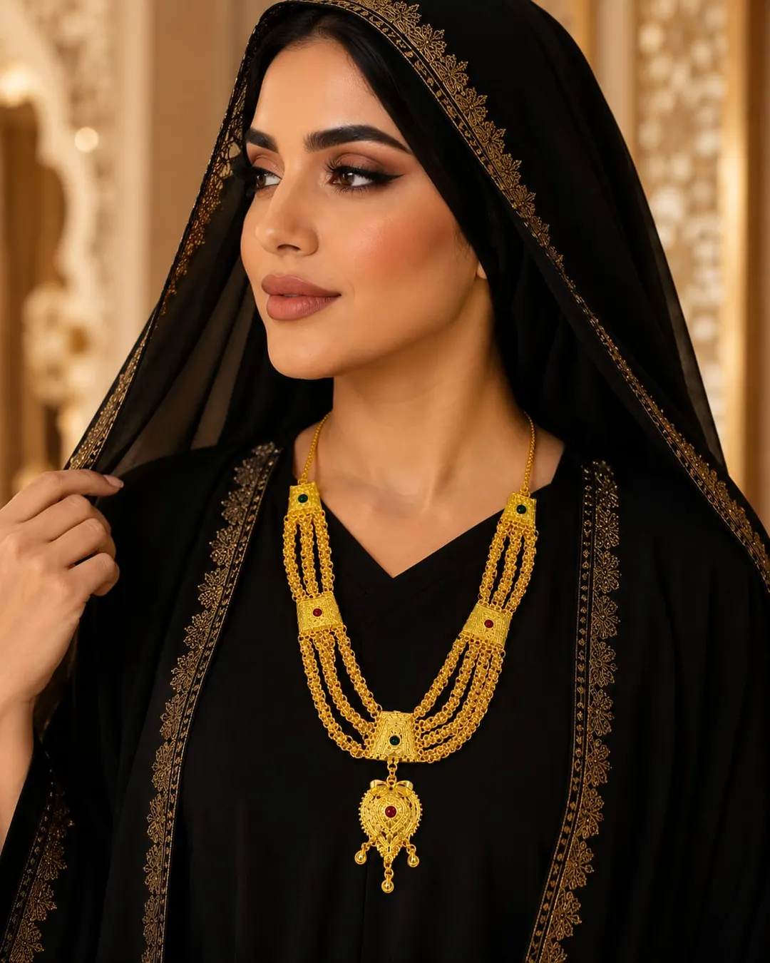 TRADITIONAL GOLD-TONE MULTI-LAYERED RANI HAAR NECKLACE WITH RED & GREEN STONE ACCENTS AND PENDANT