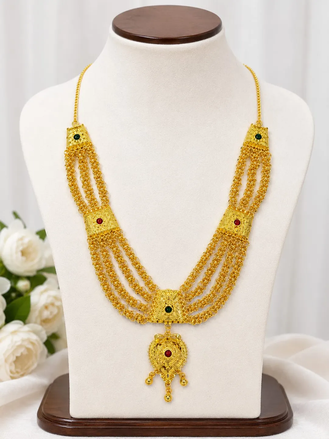 TRADITIONAL GOLD-TONE MULTI-LAYERED RANI HAAR NECKLACE WITH RED & GREEN STONE ACCENTS AND PENDANT